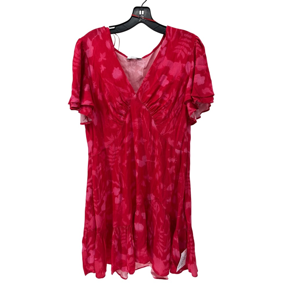 NEW‎ Topshop Red Pink Floral V-Neck Flutter Sleeve Ruffle Mini Dress Size US 12